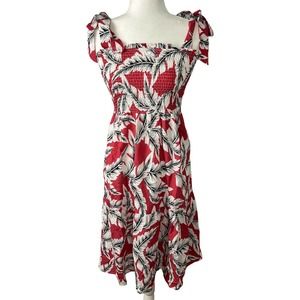 Daisy May Sz S Red Black White Leaf Print Smocked Bust Tiered Tie Midi D…